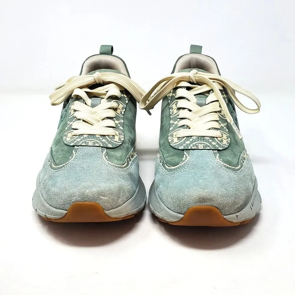 Tory Burch T Monogram Good Luck Trainer Suede Sneakers Blue Celadon Size US 9